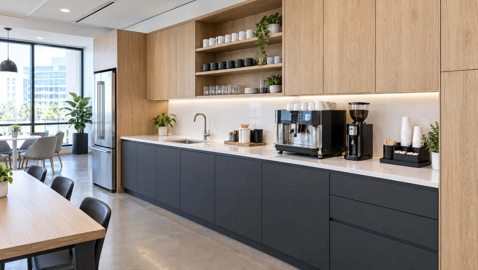Office breakroom kitchenette wrapped in light oak wood-grain and charcoal matte vinyl