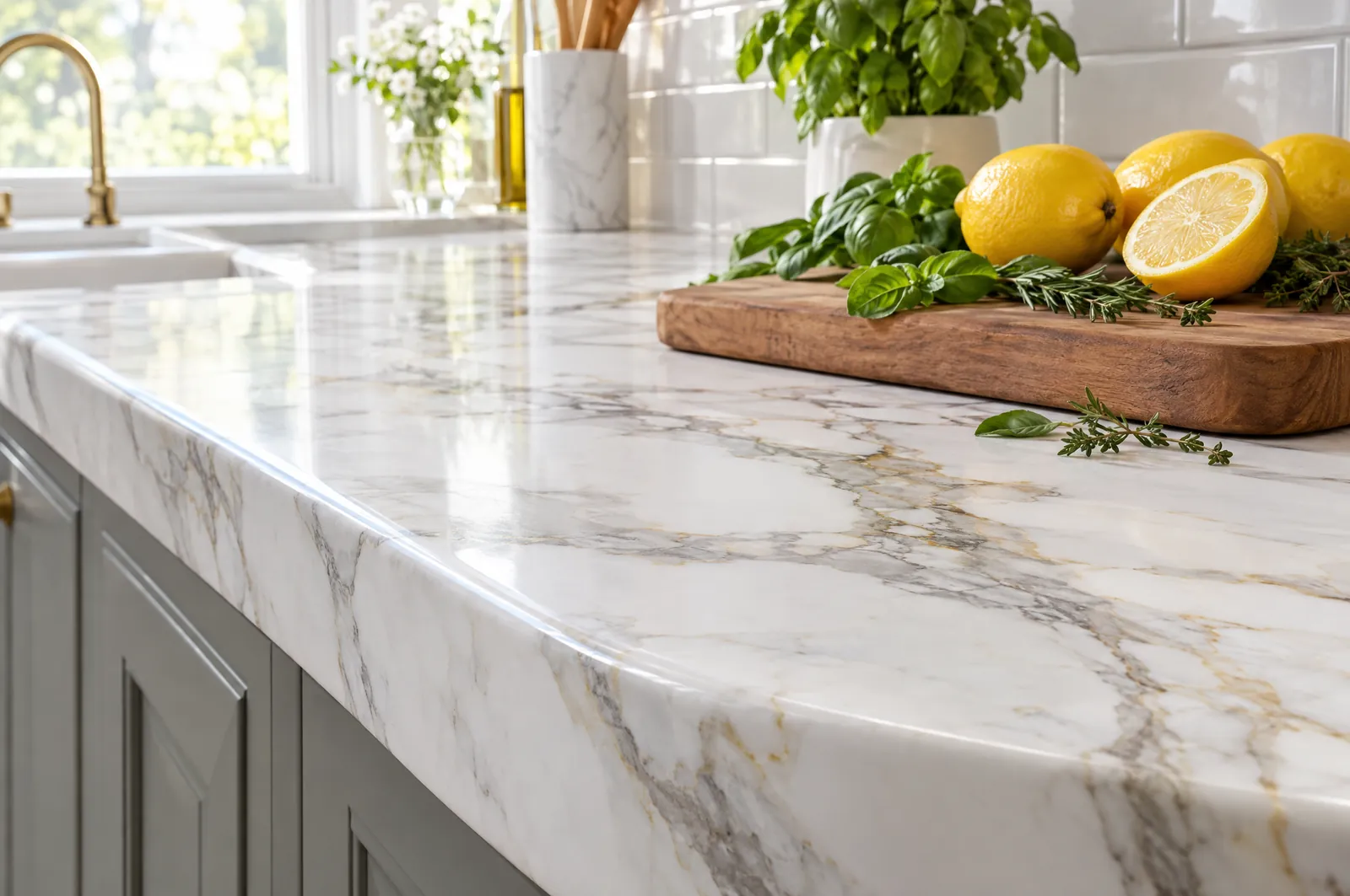 Kitchen countertop wrapped in Calacatta marble-effect vinyl with a seamless rounded edge