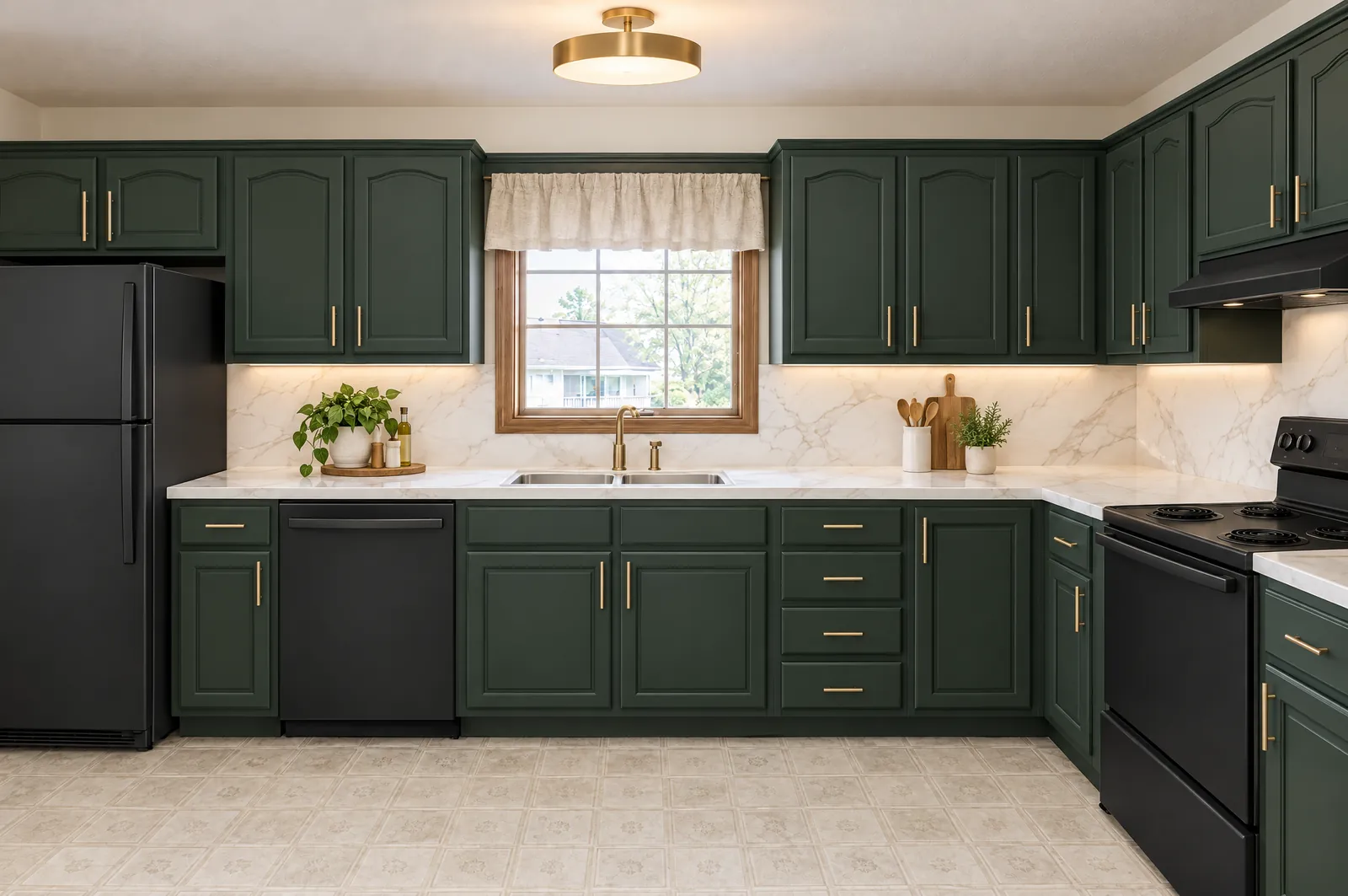 The same kitchen after wrapping: green matte cabinets, marble-effect counters and black appliances