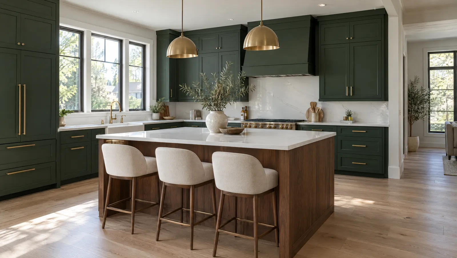 Kitchen with cabinets wrapped in matte forest green vinyl, brass handles and a walnut-wrapped island