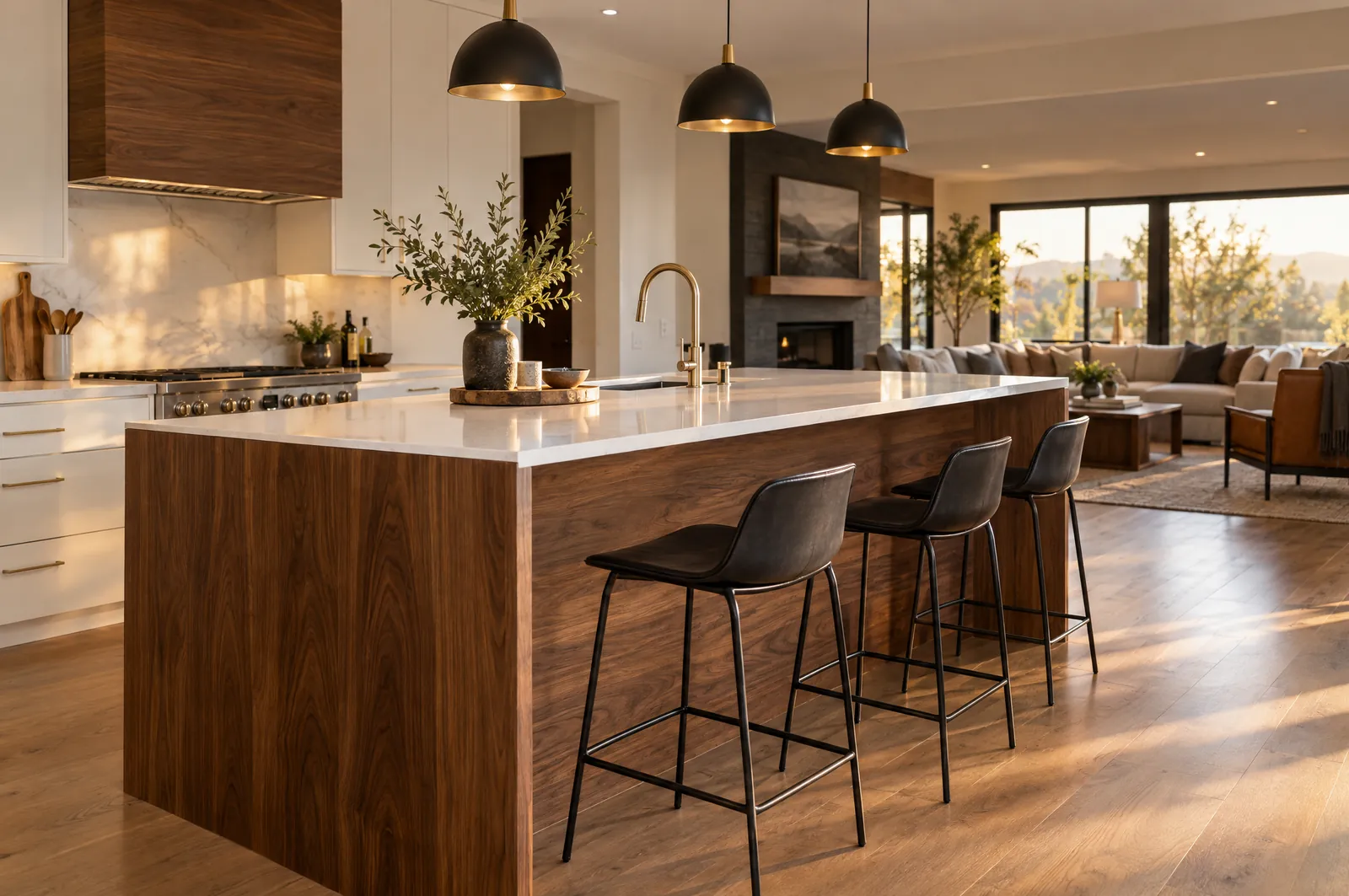 Kitchen island wrapped in walnut wood-grain vinyl with a waterfall edge and black stools