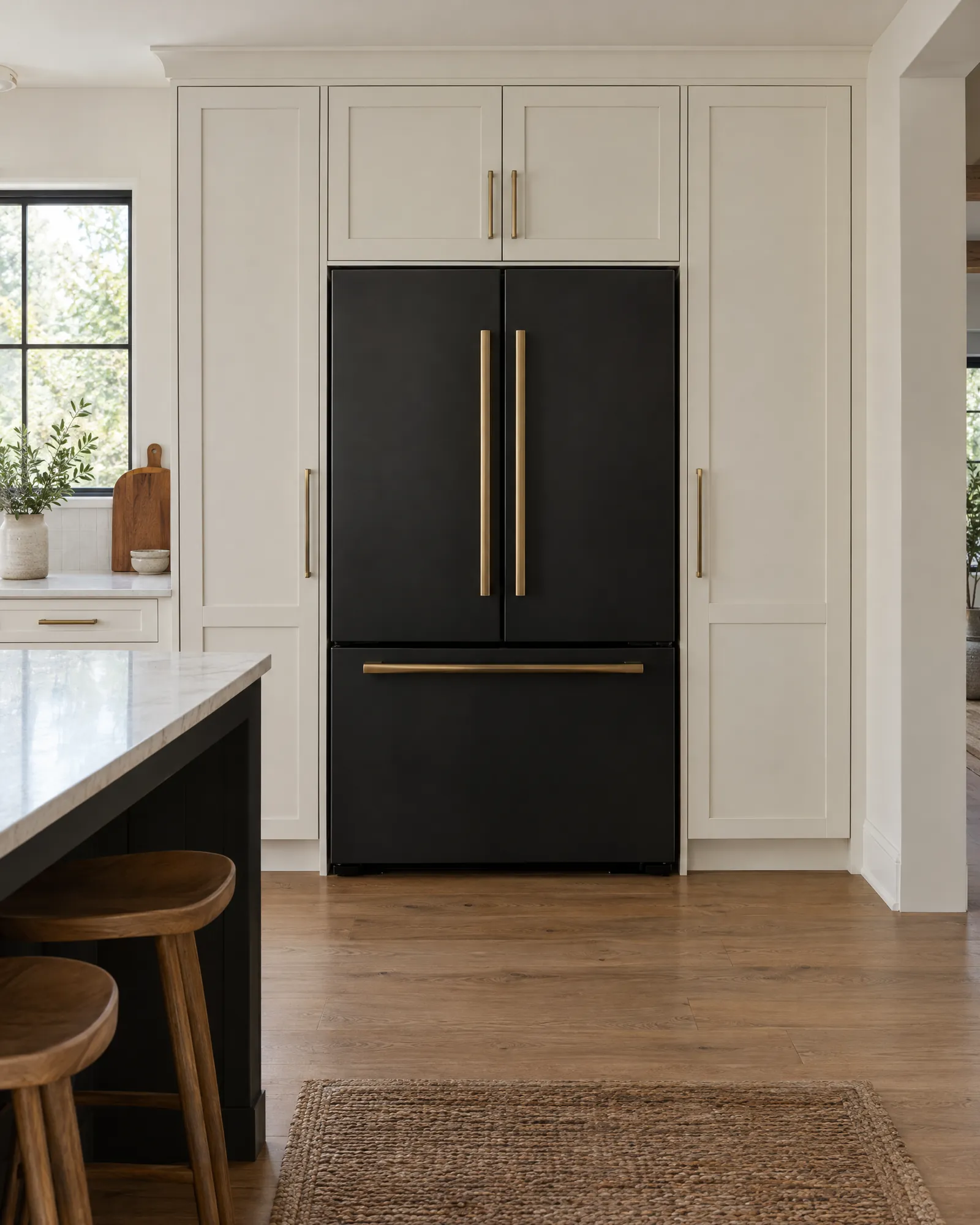 French-door refrigerator wrapped in matte black vinyl between warm white pantry cabinets
