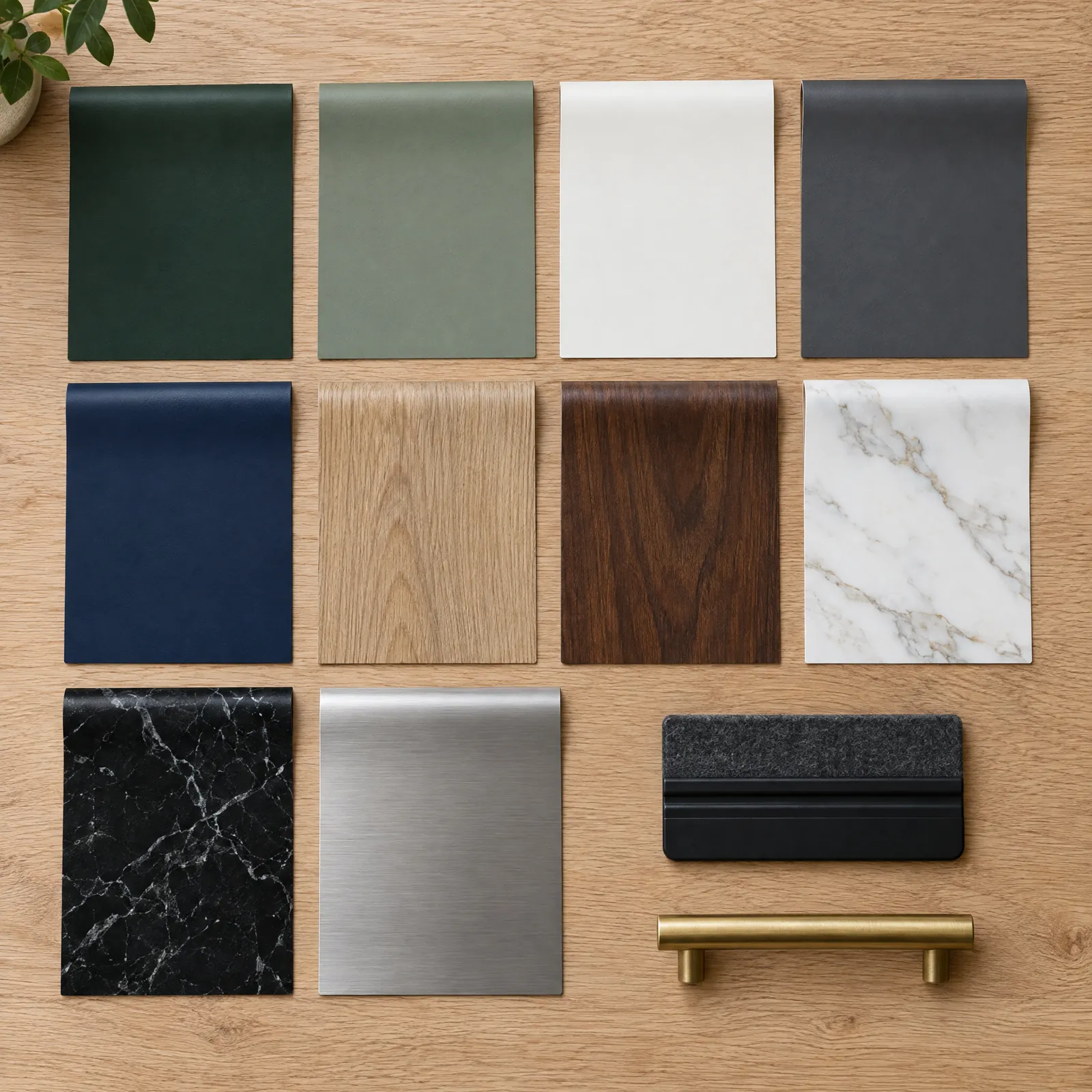 Architectural vinyl wrap swatches: matte colors, wood grains, marbles and metallics