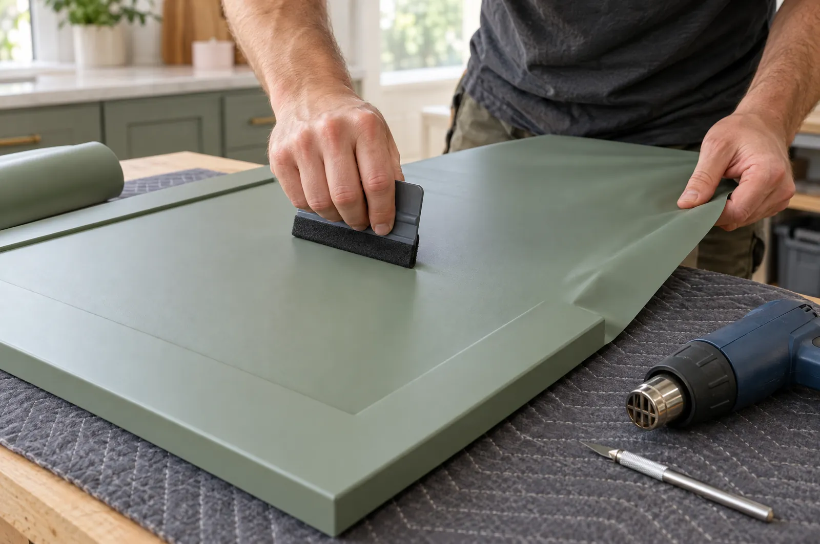 Installer smoothing sage green architectural vinyl film onto a cabinet door with a felt squeegee